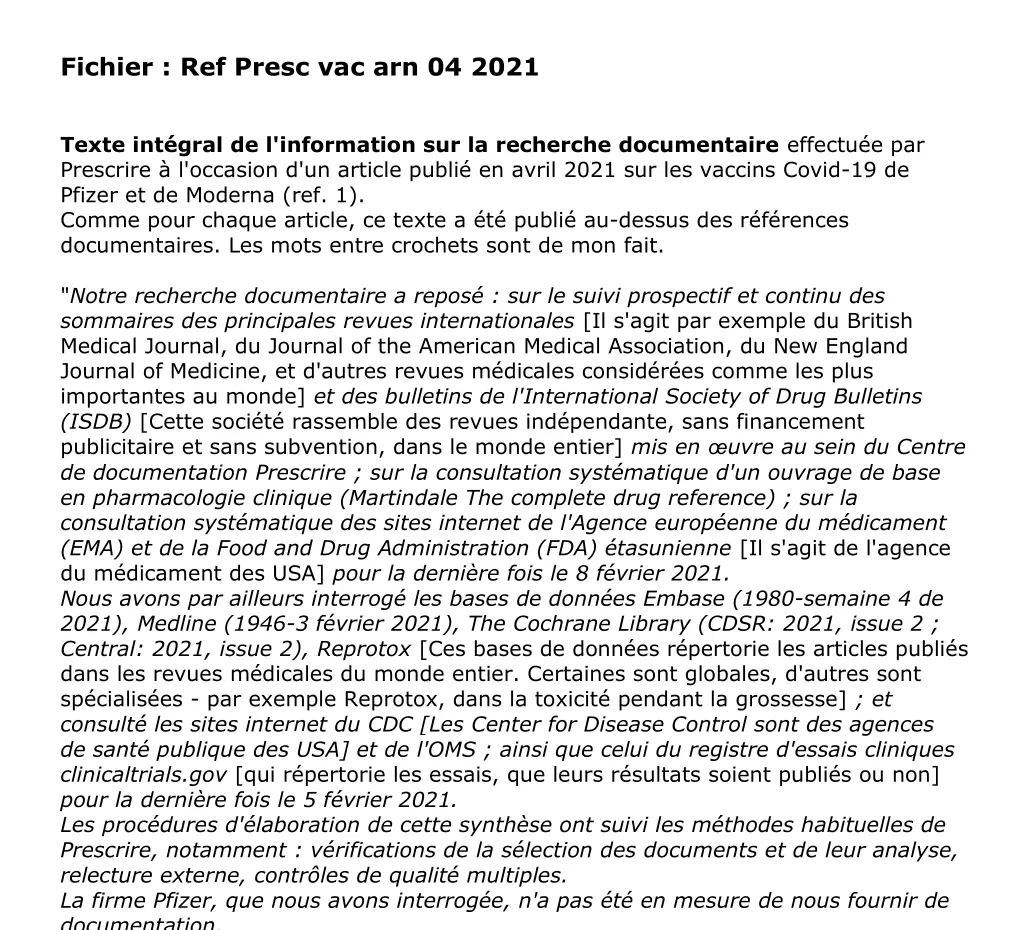 Aperçu de la référence Prescrire sur les vaccins ARN
