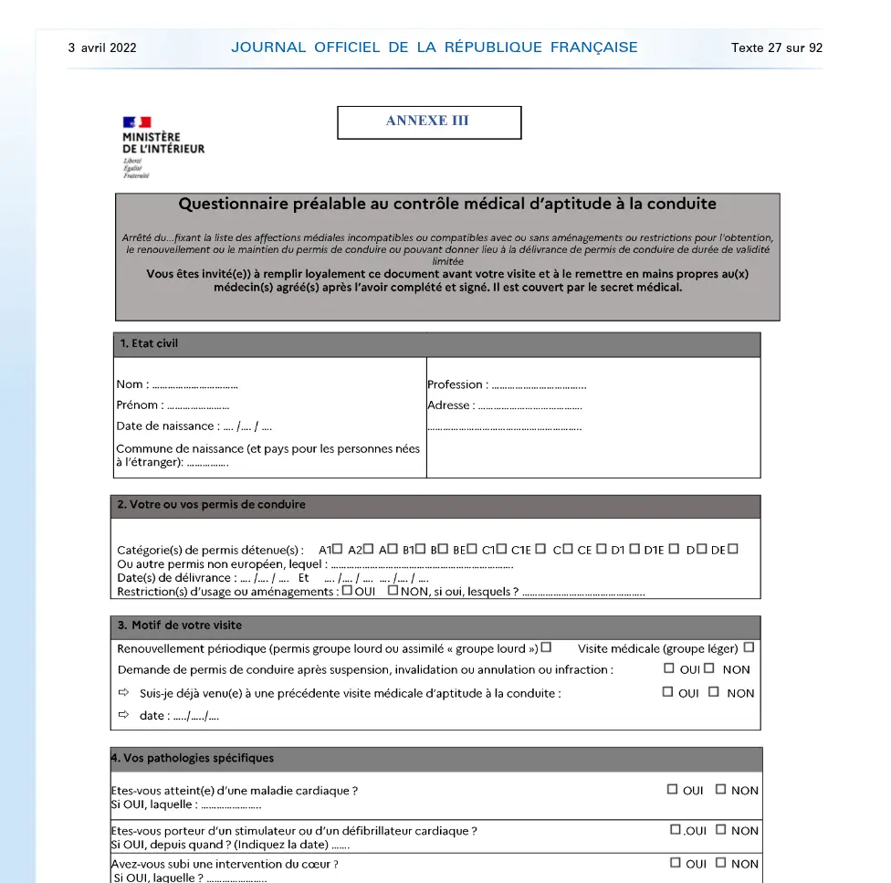 Aperçu du questionnaire médical