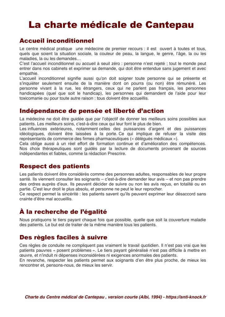 Aperçu de la Charte médicale de Cantepau – version courte