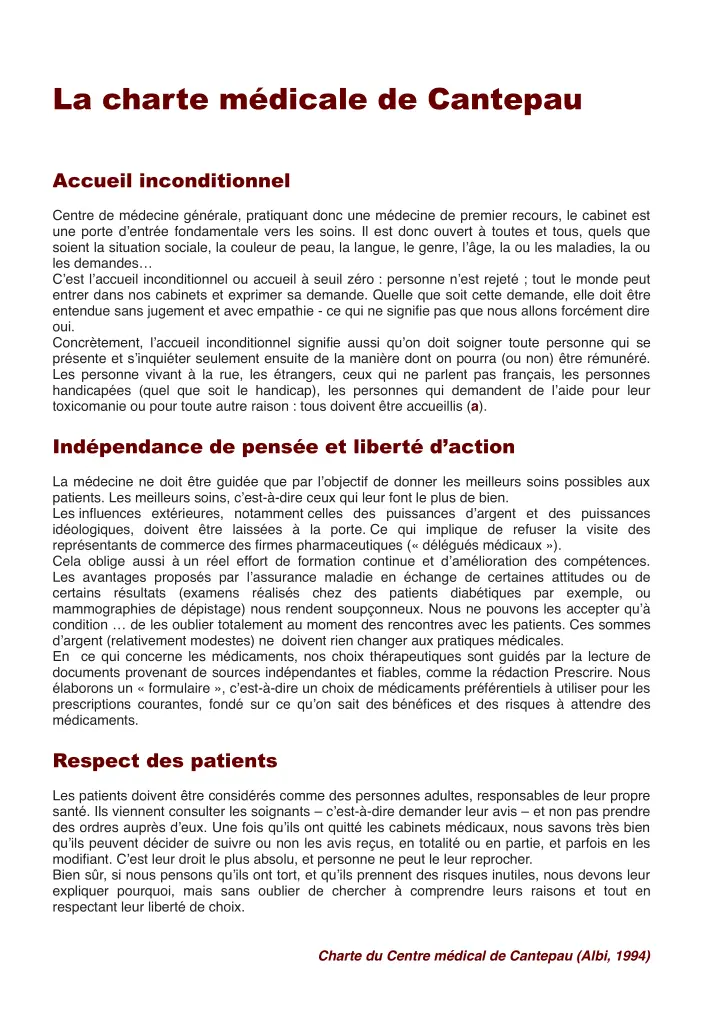 Aperçu de la Charte médicale de Cantepau – version longue