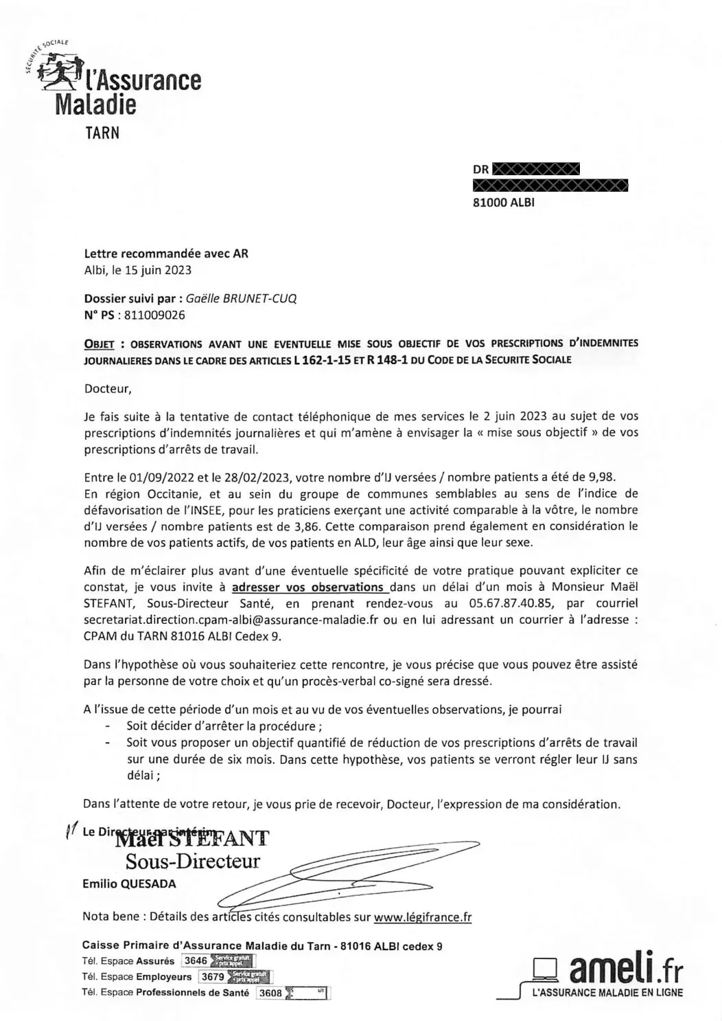 Aperçu de la lettre de la CPAM81 datée du 15 juin 2023