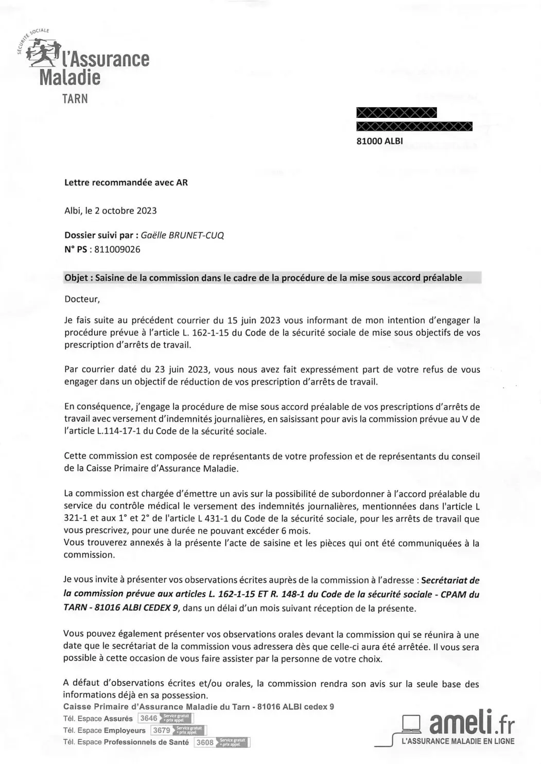 Aperçu de la lettre de la CPAM81 datée du 2 octobre 2023 (copie)