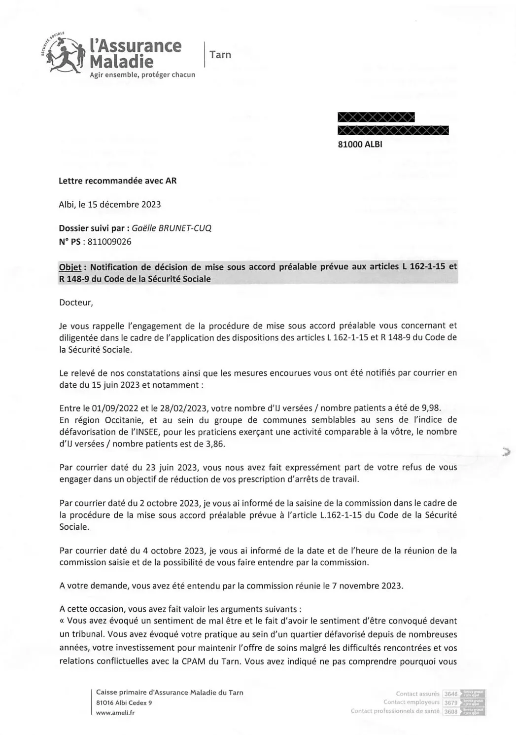 Aperçu de la lettre de la CPAM81 datée du 15 décembre 2023