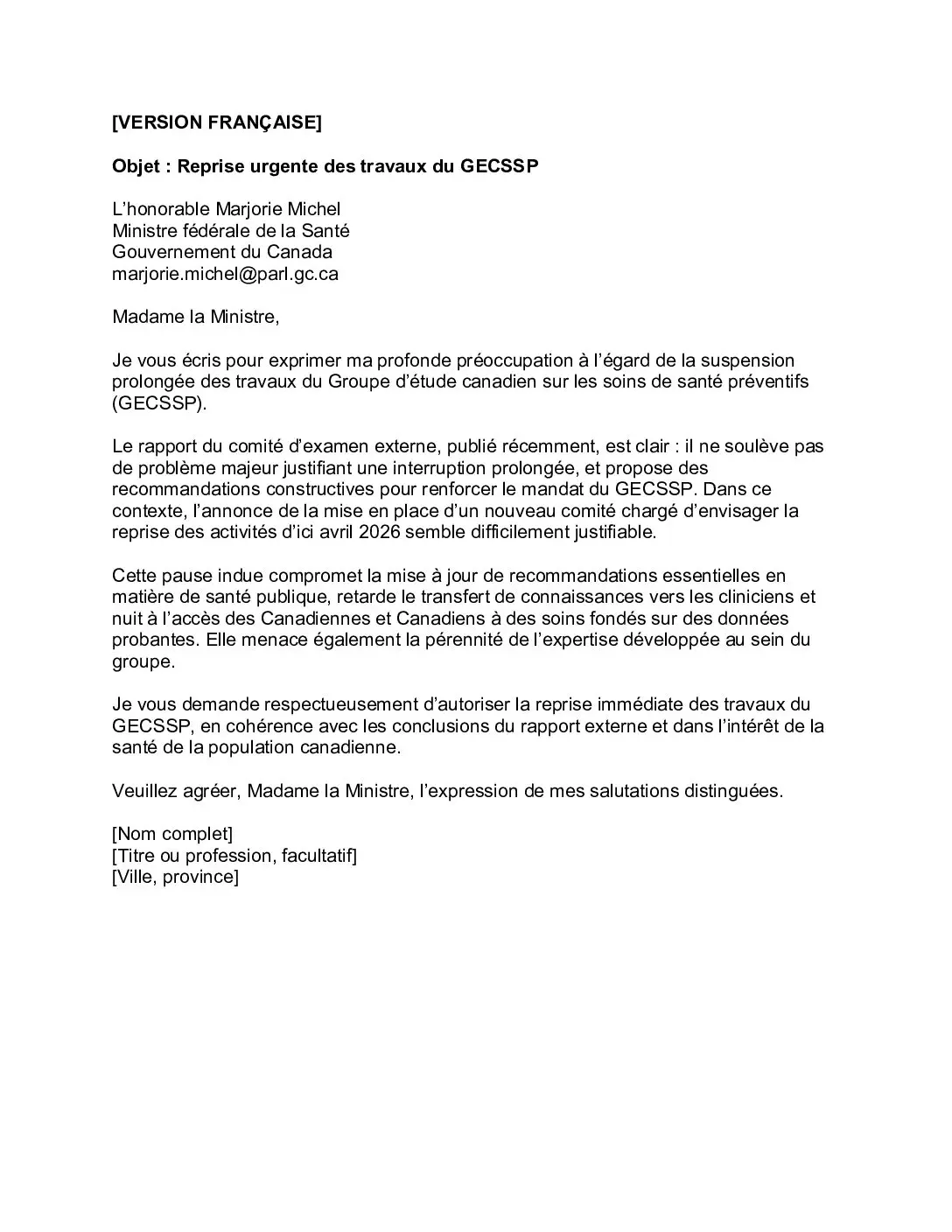 Aperçu de la lettre type – Sample letter